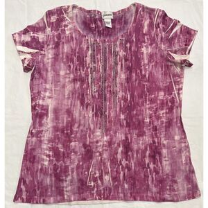 Chico's Pink and White Short Sleeve Tee with Beaded Front